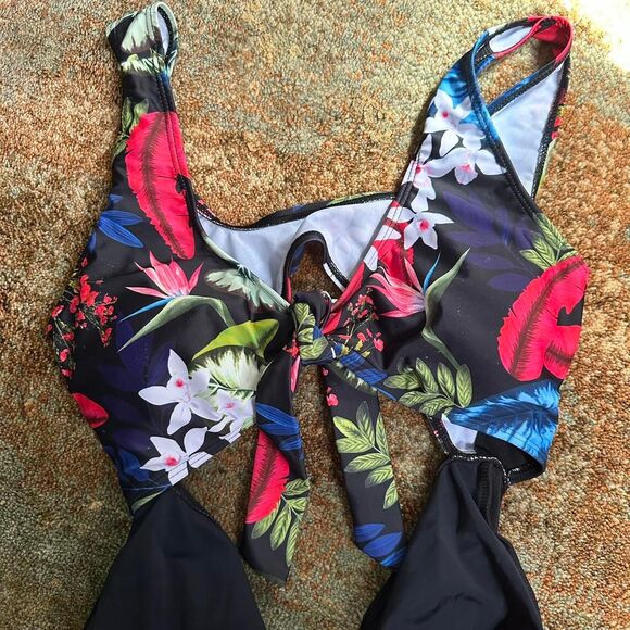 Black floral one piece swimsuit with tie front and high cut bottoms - Picture 3 of 4